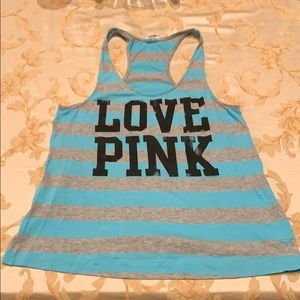 Pink • blue and grey striped “Love Pink” racerback tank top